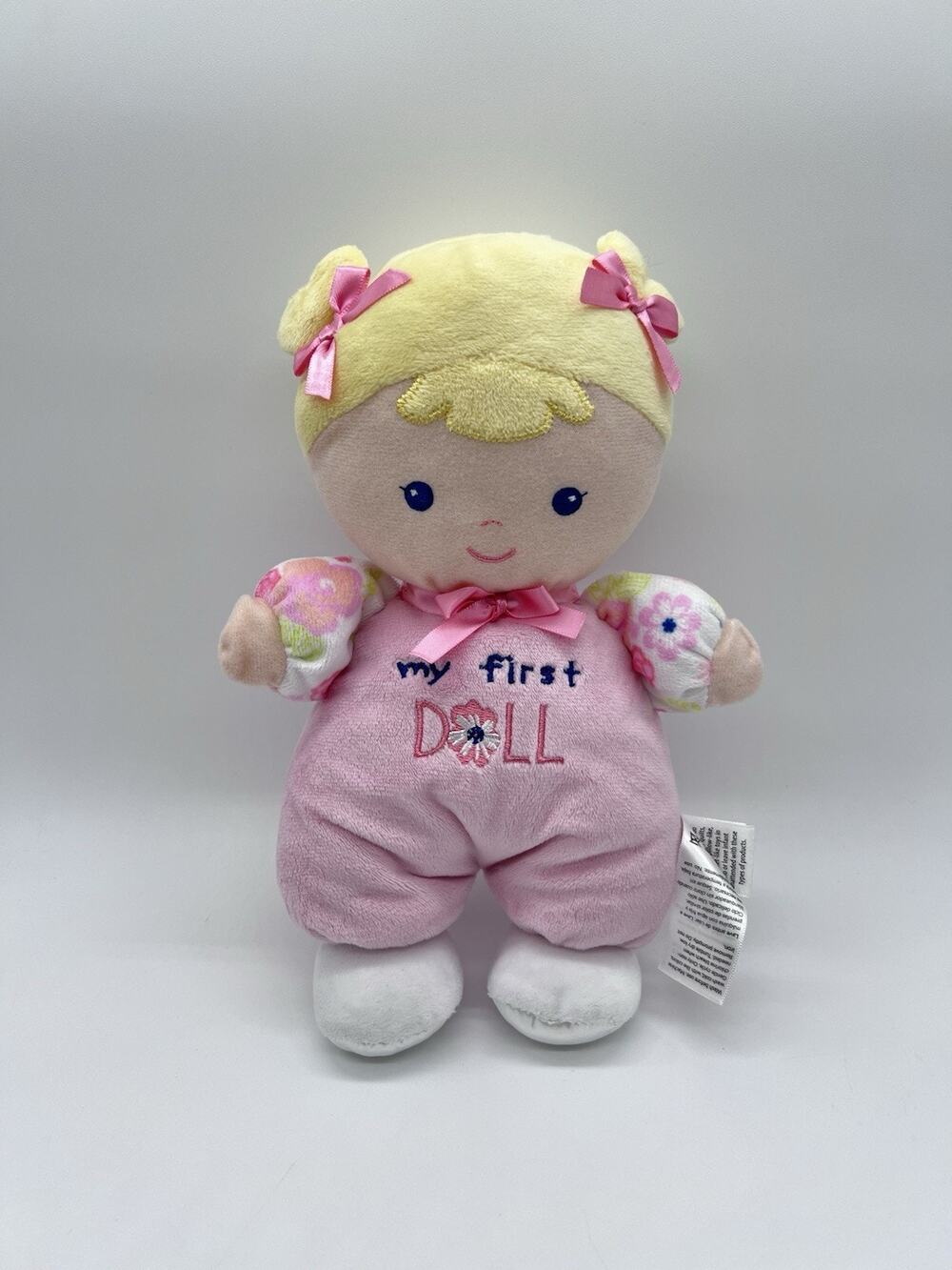Baby Starters My First Doll 10" Blonde Hair Blue Eyes Pink Bow Plush Rattle Toy